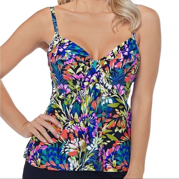 Island Escape Black Multicolor Waterfall Gardens Printed Tankini Swim Top 8 NWT - Picture 1 of 8